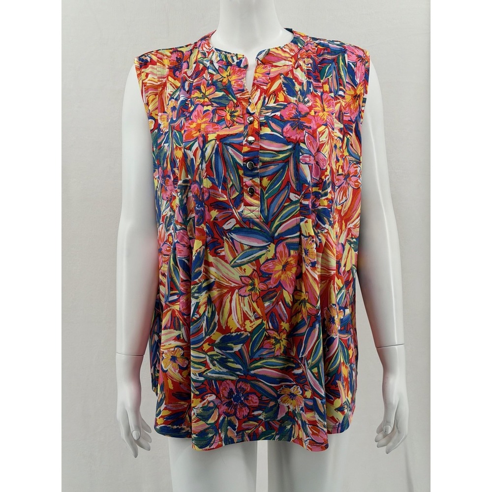 Kim Rogers Top Womens 2XL Pink Blue Tropical Floral Sleeveless Stretch Colorful